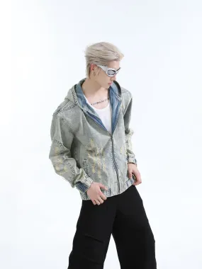 【24s Oct.】Heavy Vintage Distressed Metal Hooded Denim Jacket