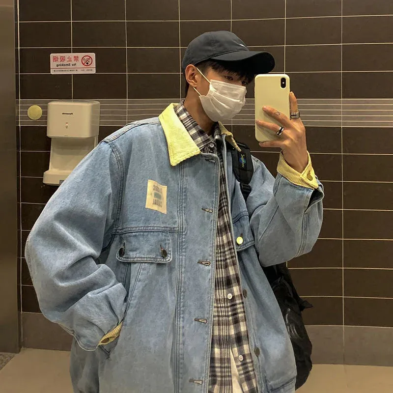 Aidase Japan Retro Lapel Denim Jacket Cityboys Punk Loose Jacket Autumn Hong Kong Style Hip Hop Handsome Stitching Jeans Coat