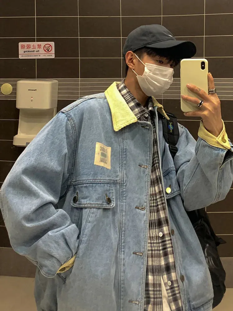 Aidase Japan Retro Lapel Denim Jacket Cityboys Punk Loose Jacket Autumn Hong Kong Style Hip Hop Handsome Stitching Jeans Coat