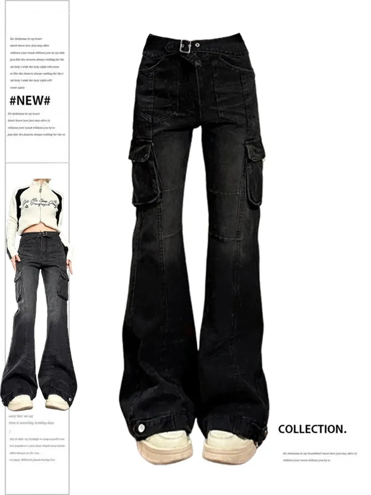 Black Gothic Cargo Flare Baggy Pants