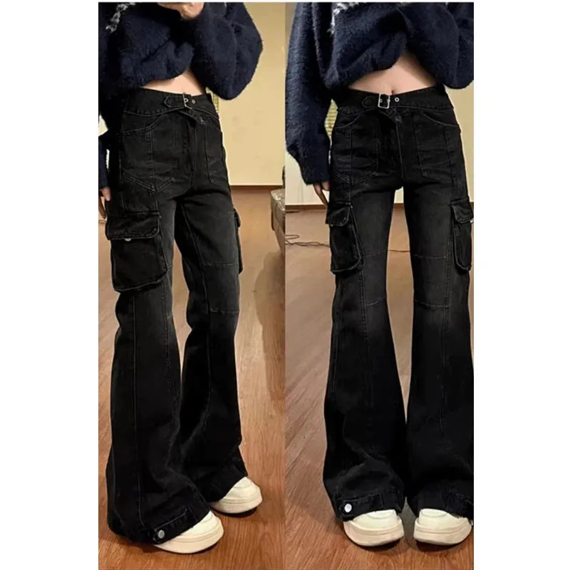 Black Gothic Cargo Flare Baggy Pants