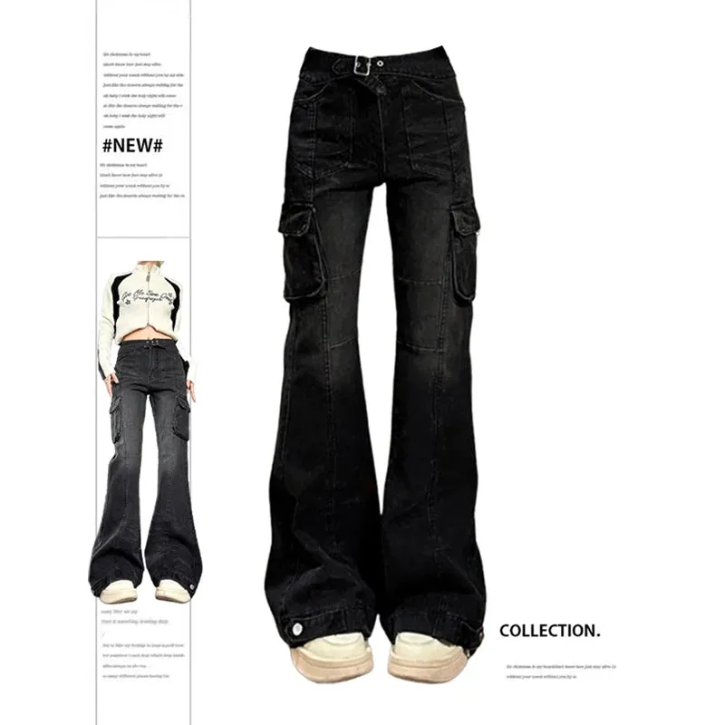 Black Gothic Cargo Flare Baggy Pants