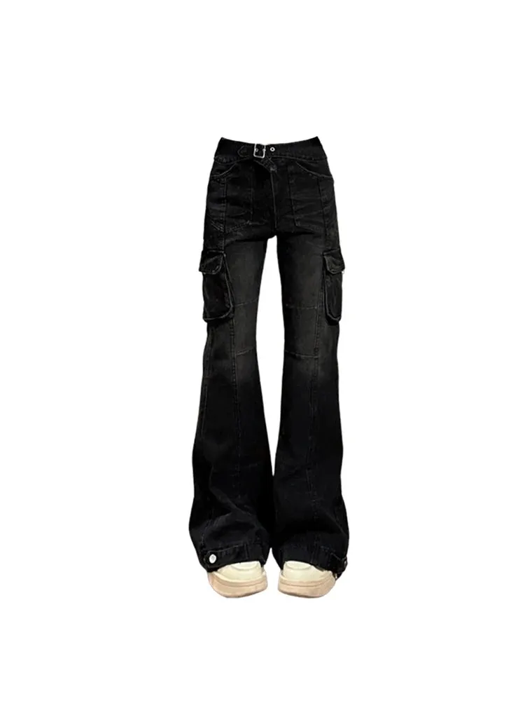 Black Gothic Cargo Flare Baggy Pants