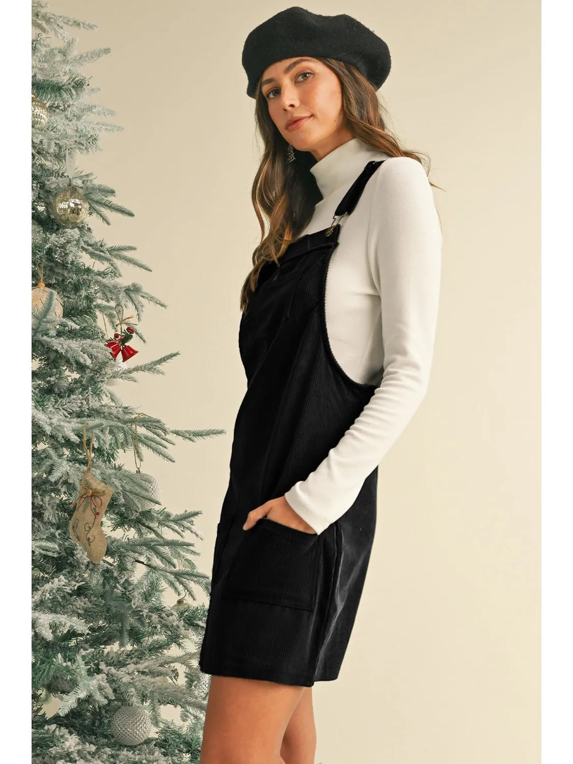 Black Plain Corduroy Pockets Overall Dress