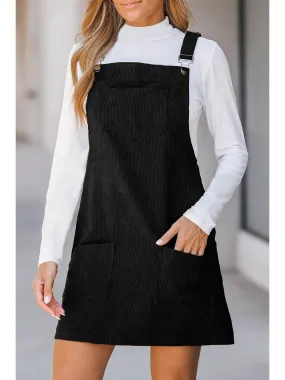 Black Plain Corduroy Pockets Overall Dress