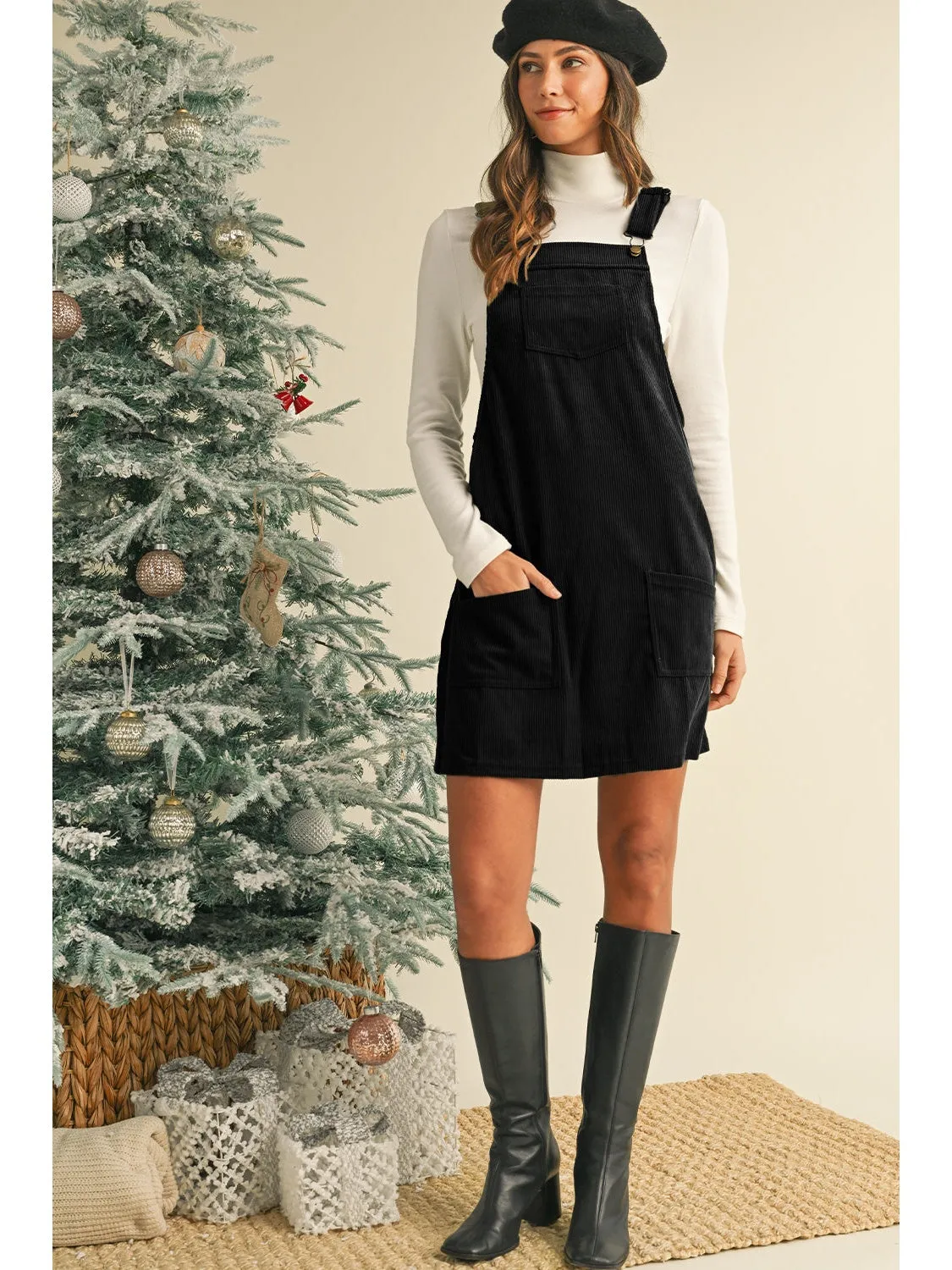 Black Plain Corduroy Pockets Overall Dress