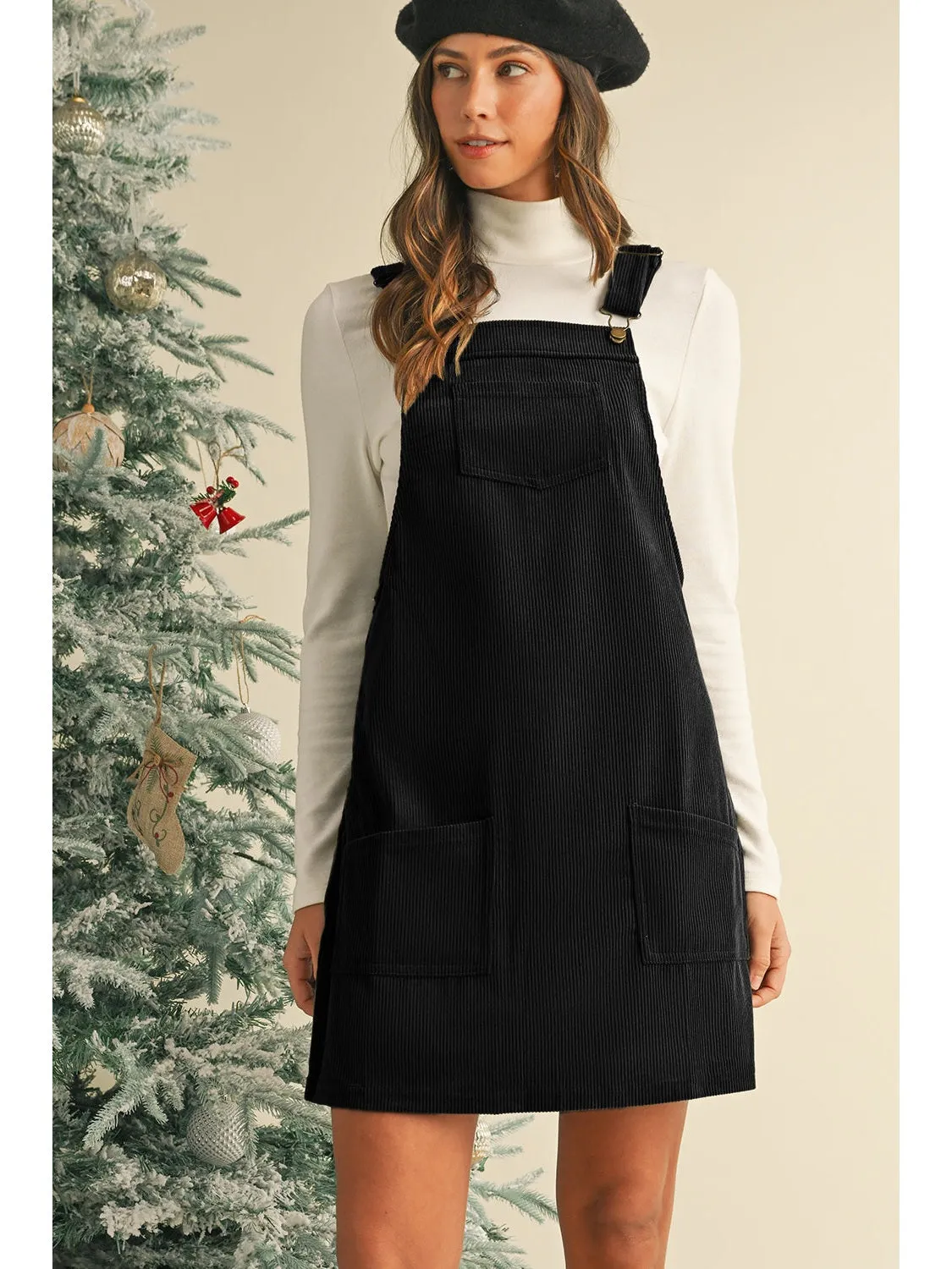 Black Plain Corduroy Pockets Overall Dress