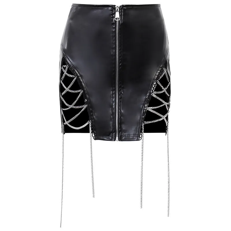 Black Split Metal Chain Punk Skirt