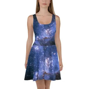 Blue Galaxy Skater Dress Women, Outer Space Print Night Sky Stars Starry Constellation Celestial Nebula Halter Festival Sleeveless