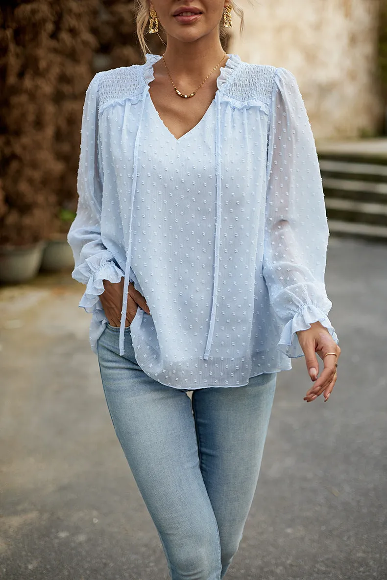 Blue Women's Casual Jacquard Tunic Top Shirt