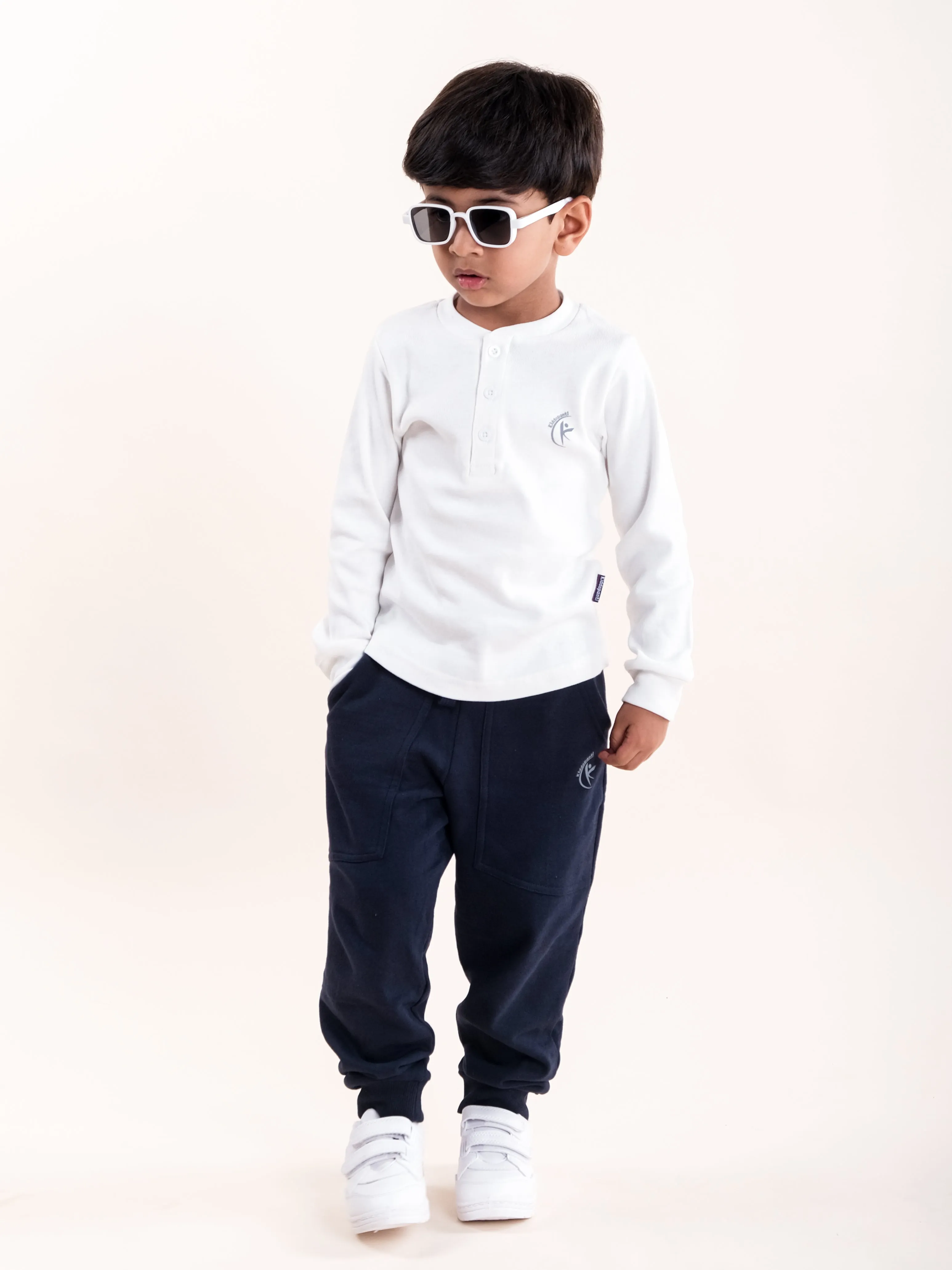 Boys Cotton Solid Full Sleeve Henley Neck Rib Tee With Fleece Track Pant Set