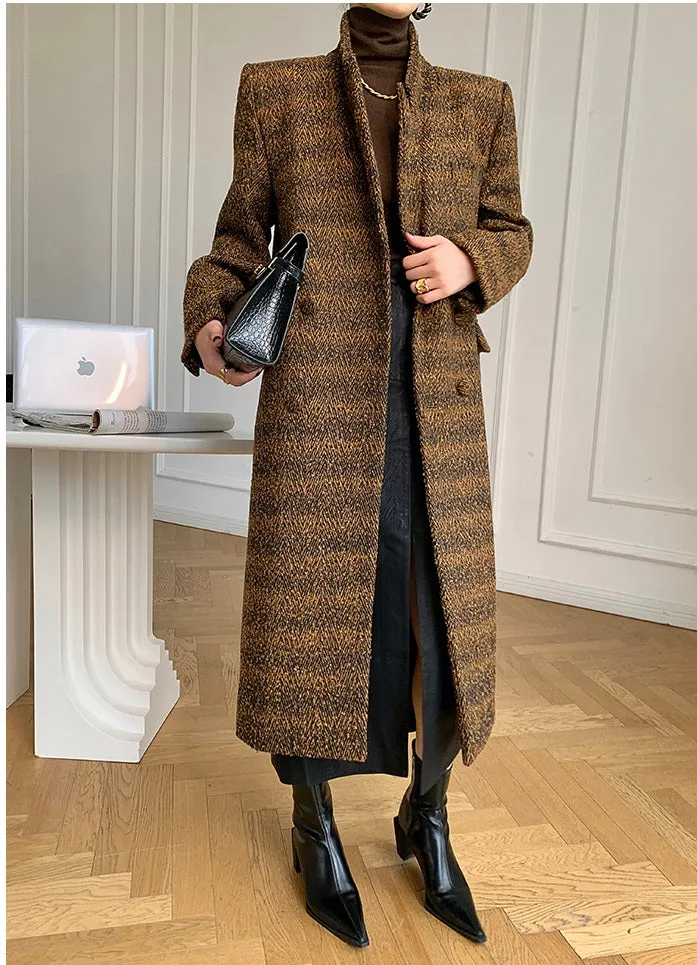 Brown WANXO coffee color herringbone quilted woolen coat new mid-length suit coat- Passion