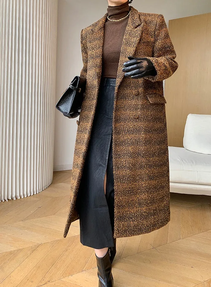 Brown WANXO coffee color herringbone quilted woolen coat new mid-length suit coat- Passion