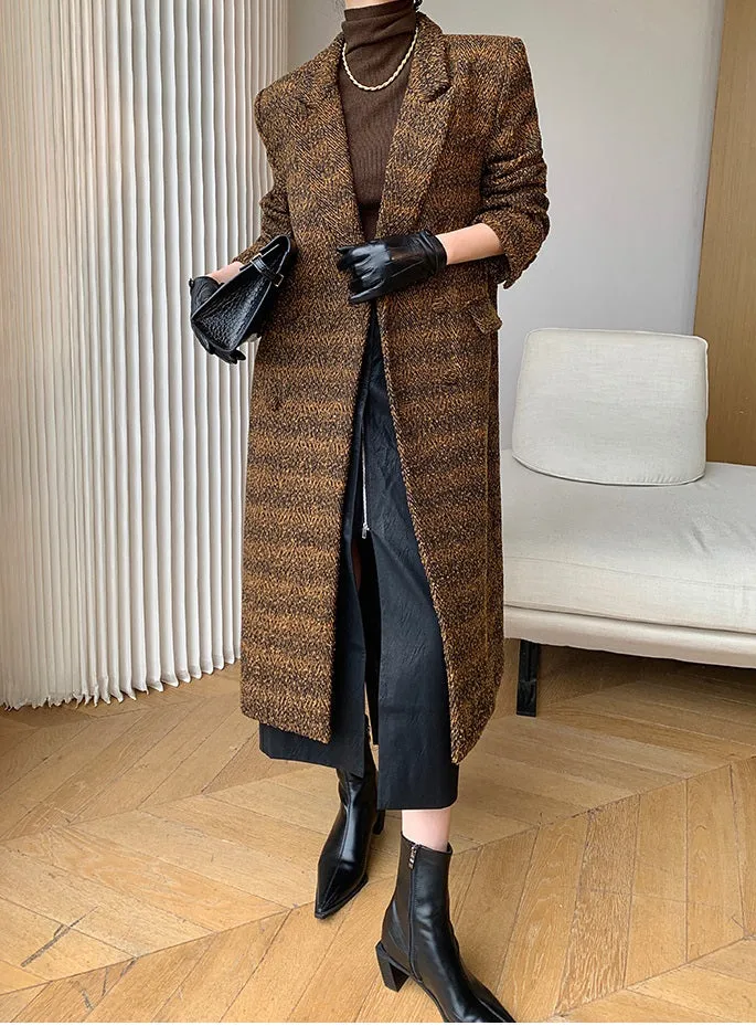 Brown WANXO coffee color herringbone quilted woolen coat new mid-length suit coat- Passion