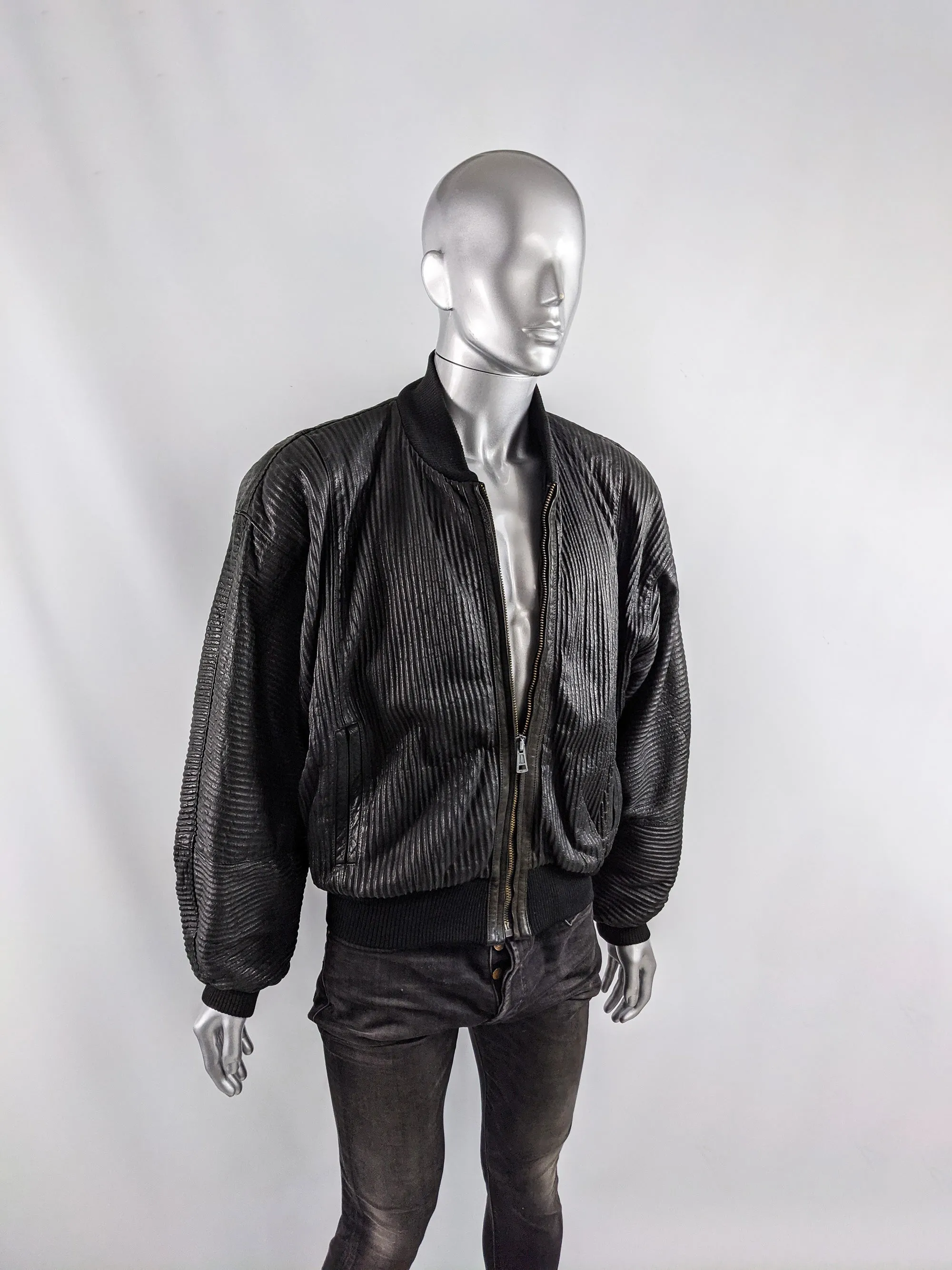 Calugi e Giannelli Vintage Mens Leather Bomber Jacket, 1980s