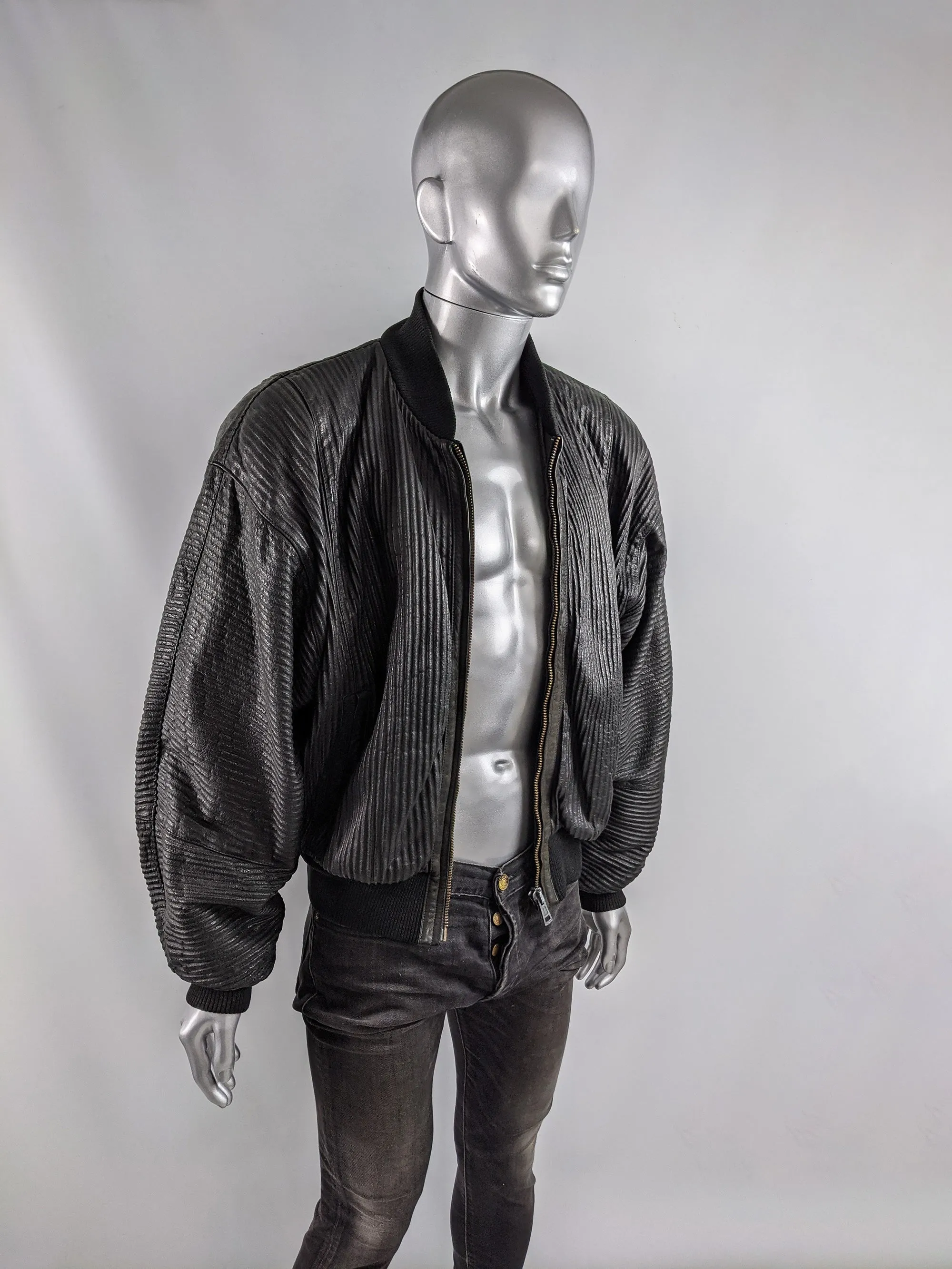 Calugi e Giannelli Vintage Mens Leather Bomber Jacket, 1980s