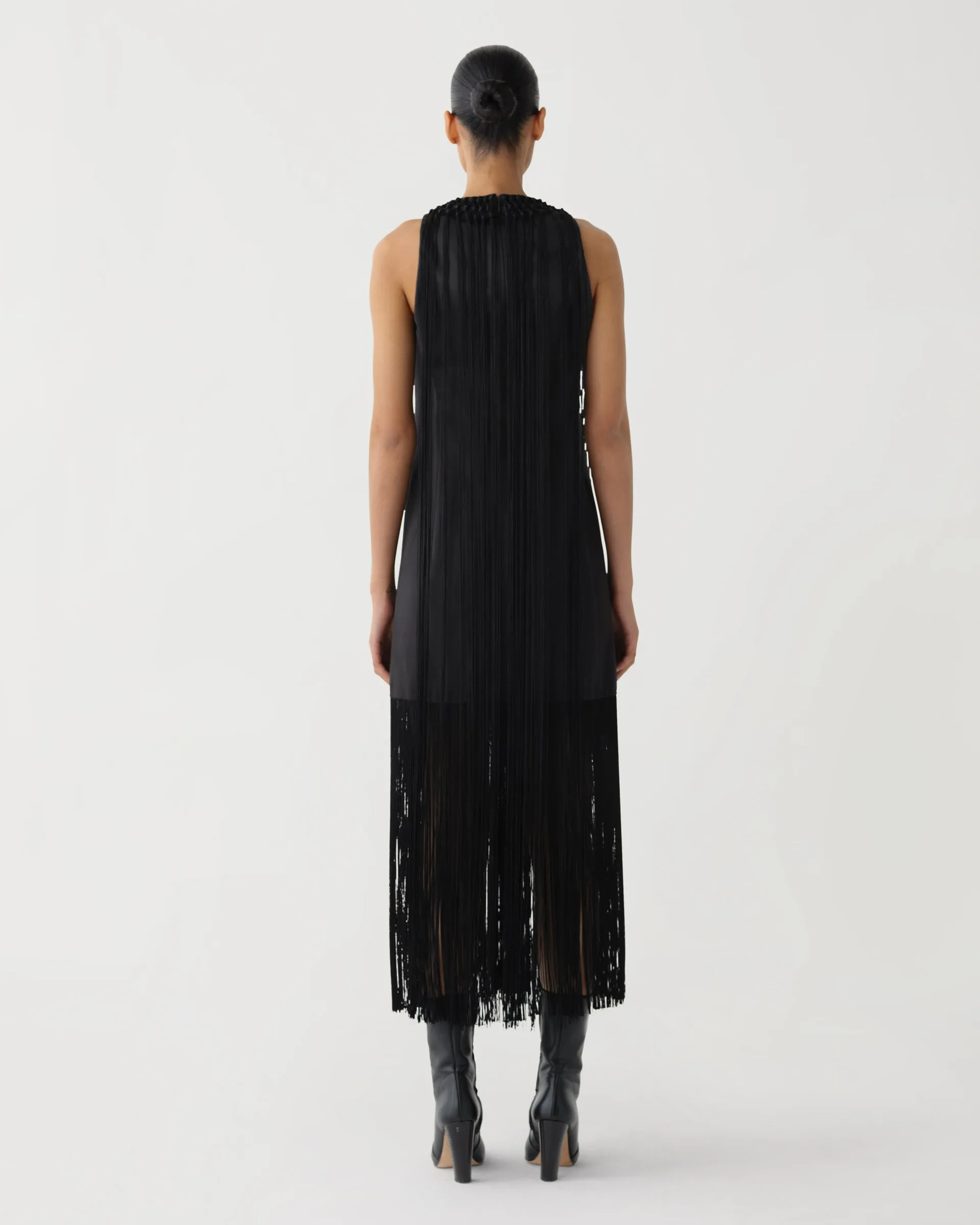 Celeste Fringe Dress in Duchess Silk, Black