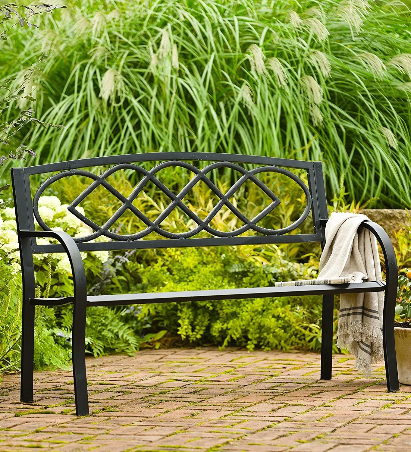 Celtic Knot Patio Garden Bench Park Yard Outdoor Furniture, Cast and Tubular Iron Metal, Powder Coat Black Finish, Classic Decorative Design, Easy Assembly 50 L x 17 1/2 W x 34 1/2 H