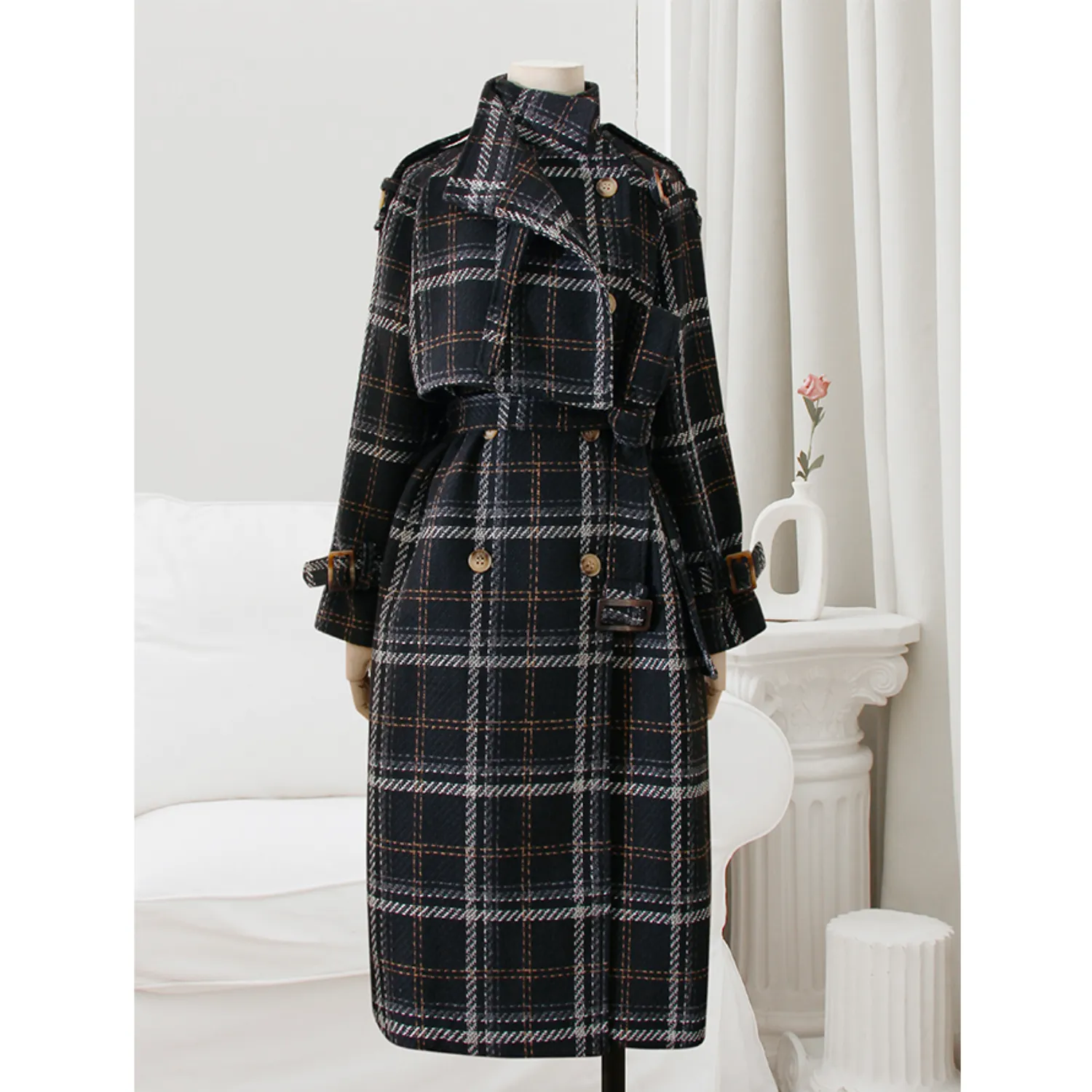 Checked Oversized Belted Coat - Black