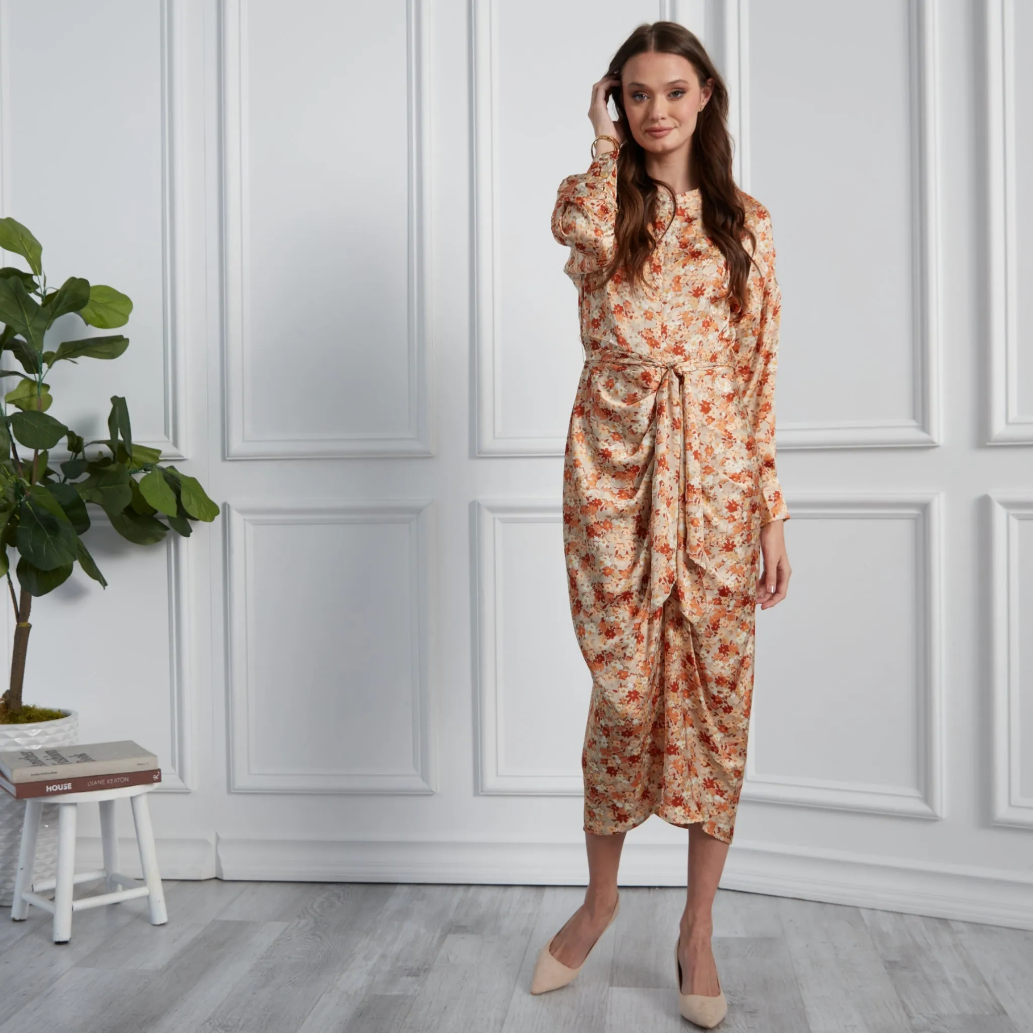 Cleo Ruched Dress: Tan Floral