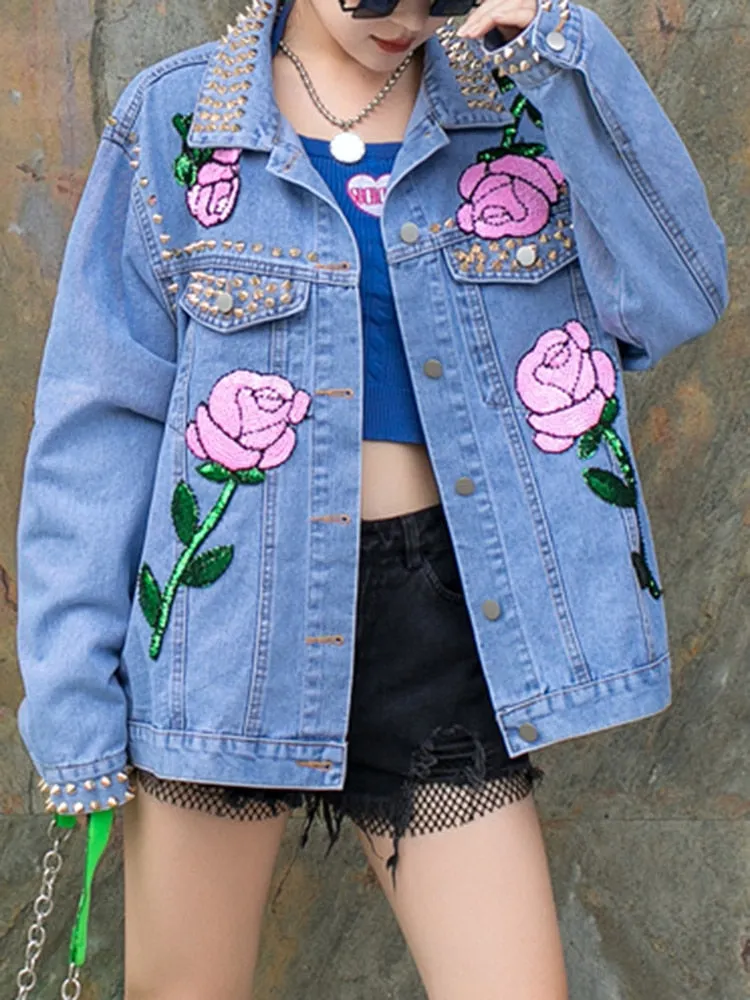 Colorblock Patchwork Rivet Designer Denim Jackets For Women Lapel Long Sleeve Spliced Floral Loose Jacket Female