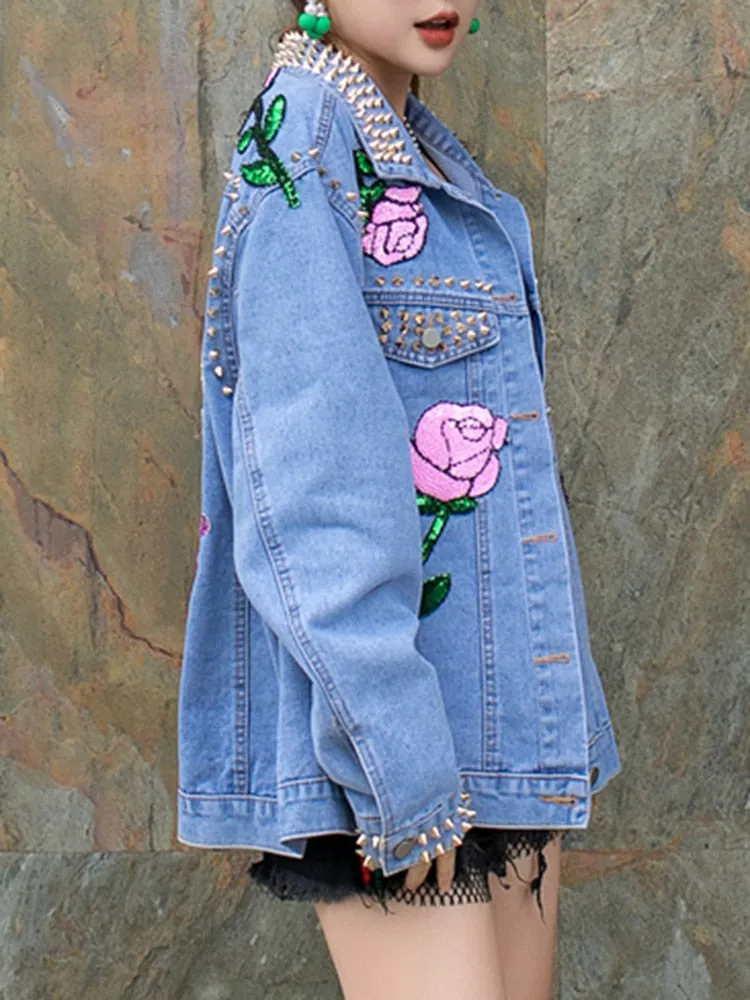 Colorblock Patchwork Rivet Designer Denim Jackets For Women Lapel Long Sleeve Spliced Floral Loose Jacket Female