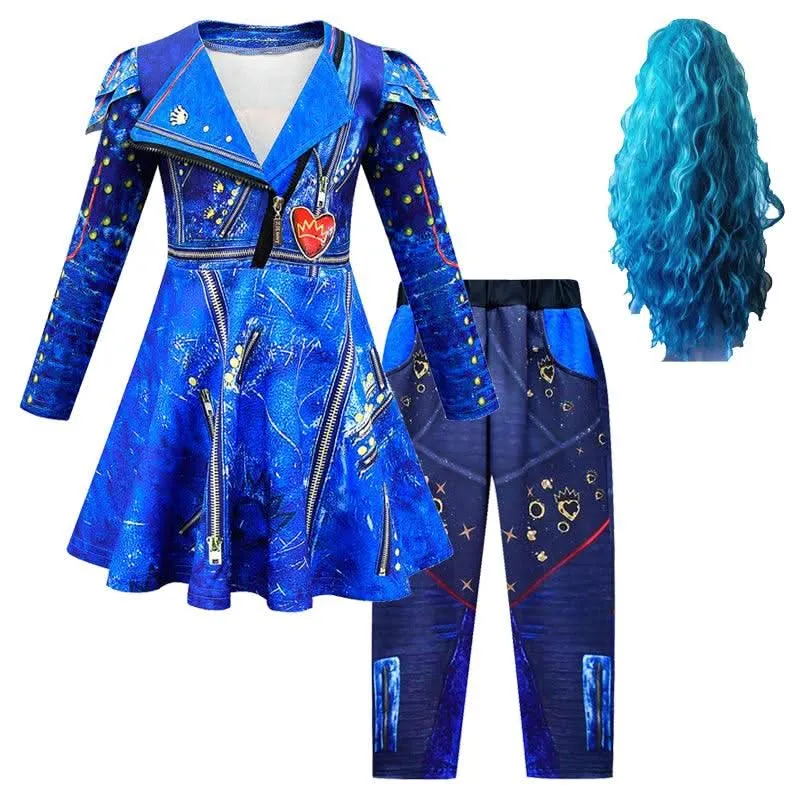 Cool Girl's Outfit Set Halloween cosplay costumes Girls' fashionable printed lapel long sleeved dress Trendy Punk Style Dress Carnival Birthday Banquet Stage Performance Dress