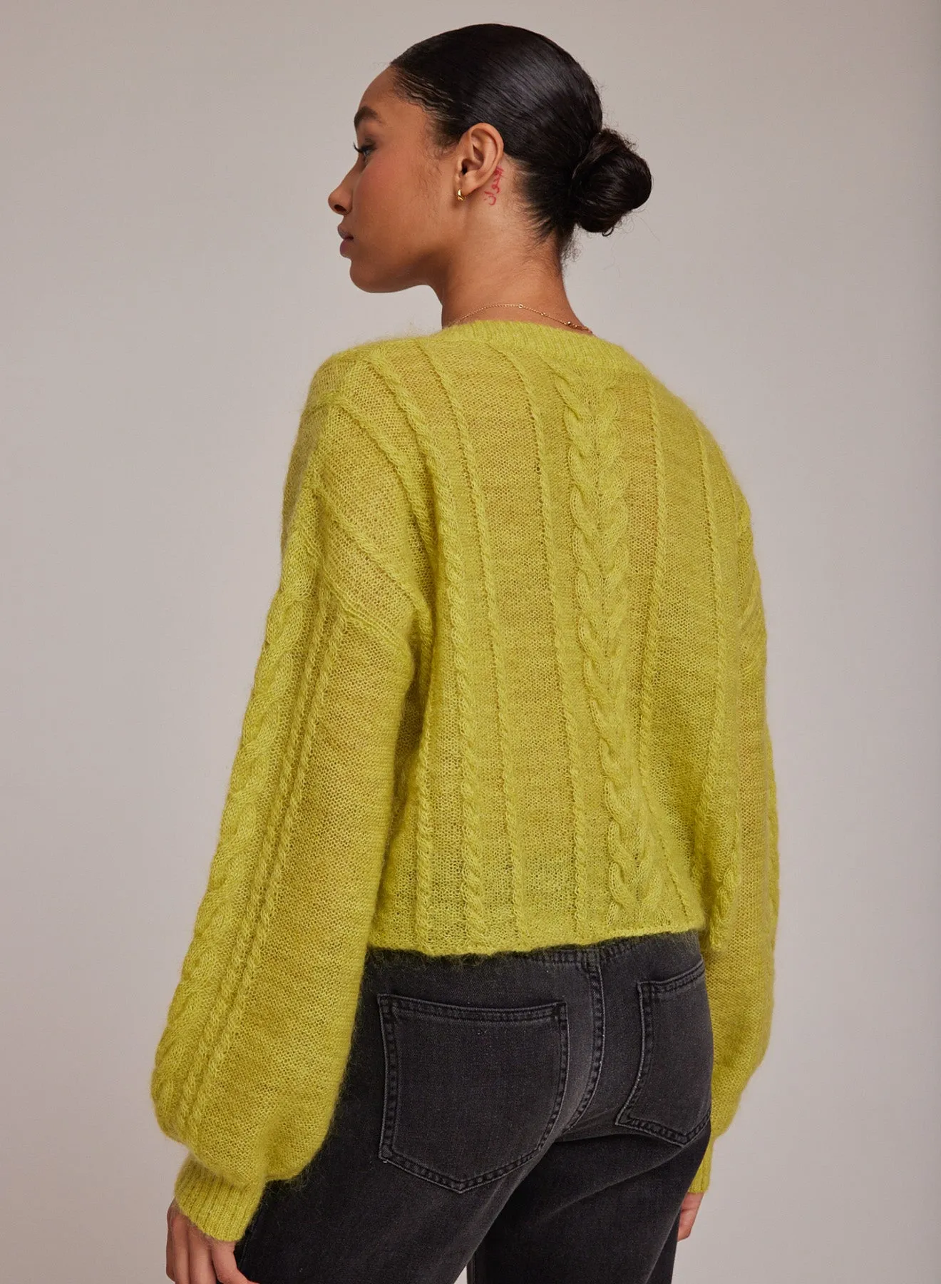 Cropped Oversized V-Neck Cable Sweater - Golden Chartreuse