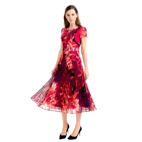 D114 Women flower print chiffon cap sleeves pleated midi day dress