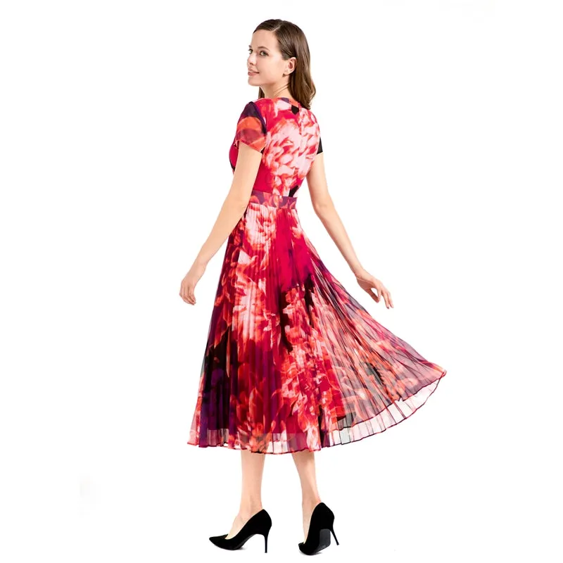 D114 Women flower print chiffon cap sleeves pleated midi day dress