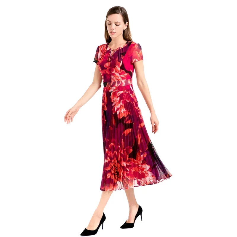 D114 Women flower print chiffon cap sleeves pleated midi day dress