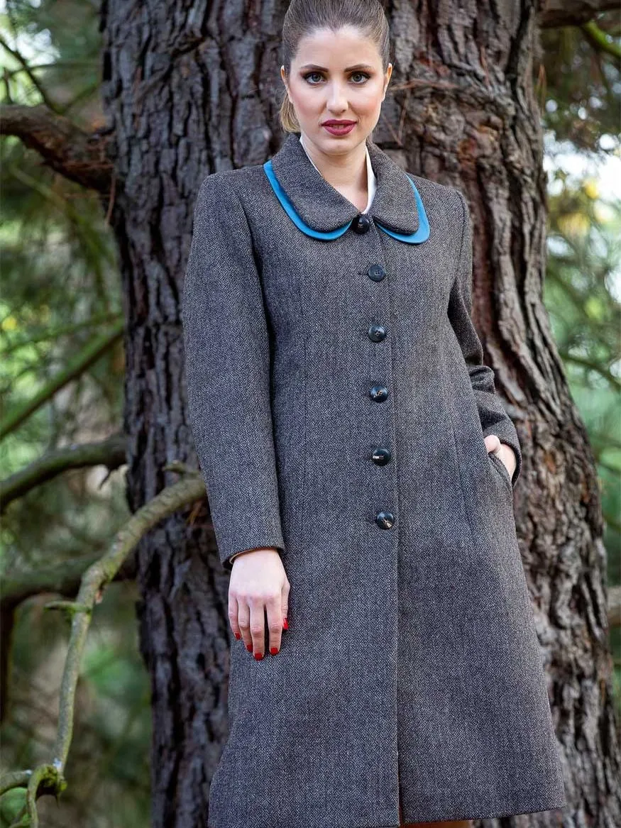 Diamond Twill Tweed Coat with Detachable Silk Collar