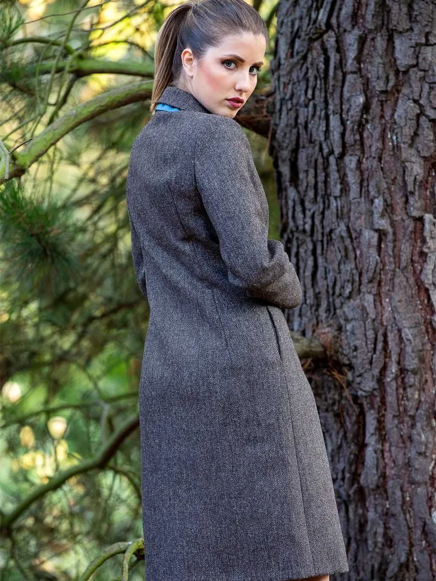 Diamond Twill Tweed Coat with Detachable Silk Collar