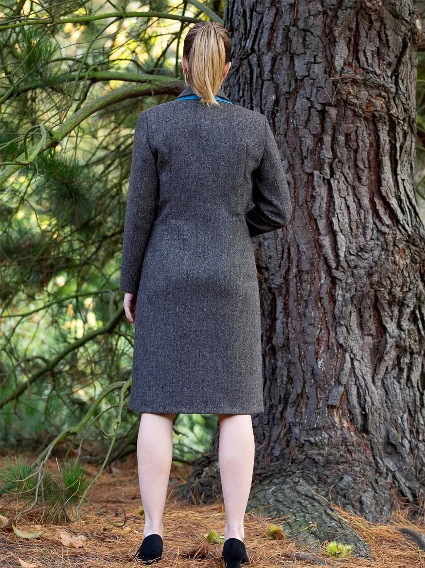 Diamond Twill Tweed Coat with Detachable Silk Collar