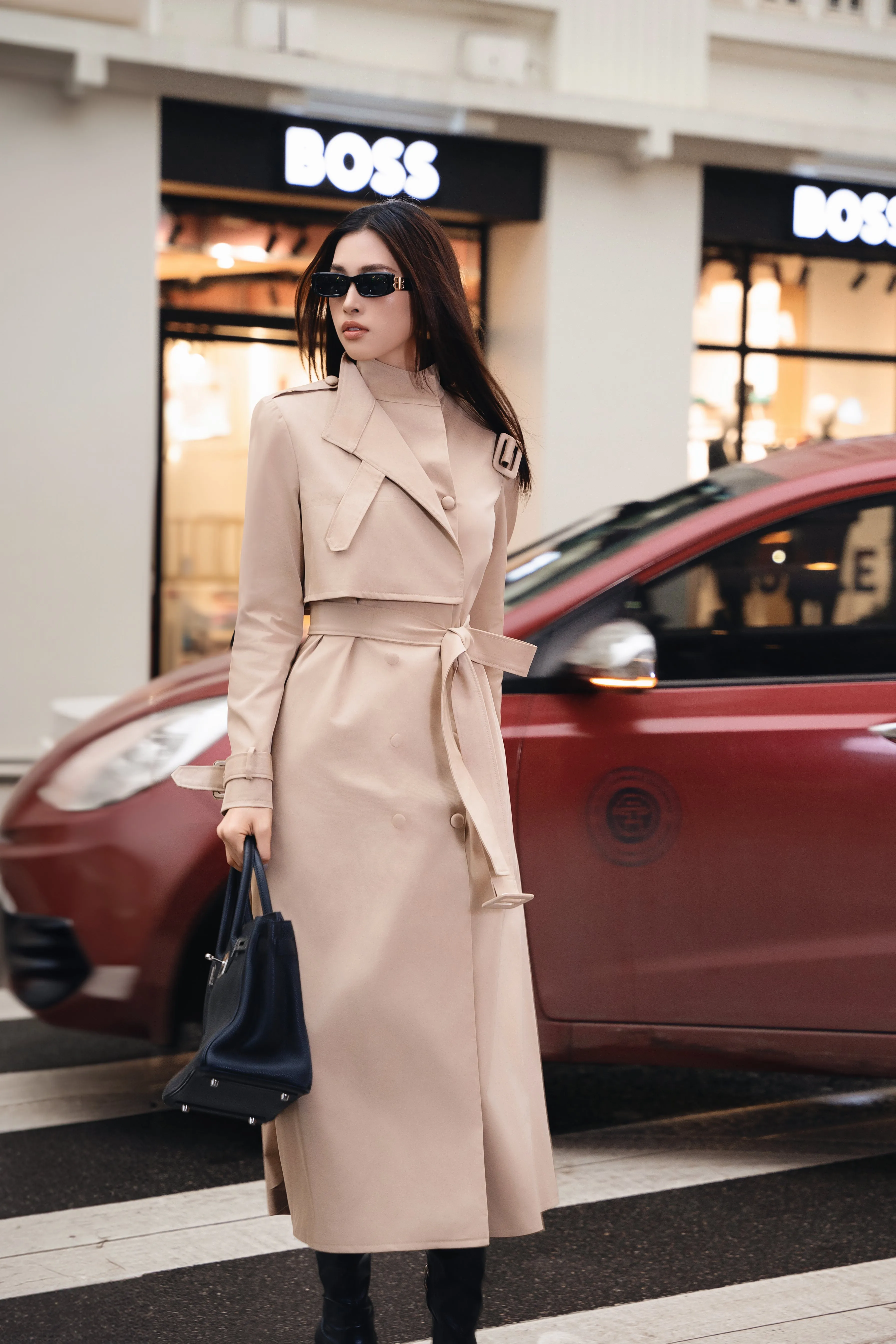 Dolyn Coat - Dolyn A-line Belt Strap Polyester Spandex Calf Length Trench Coat