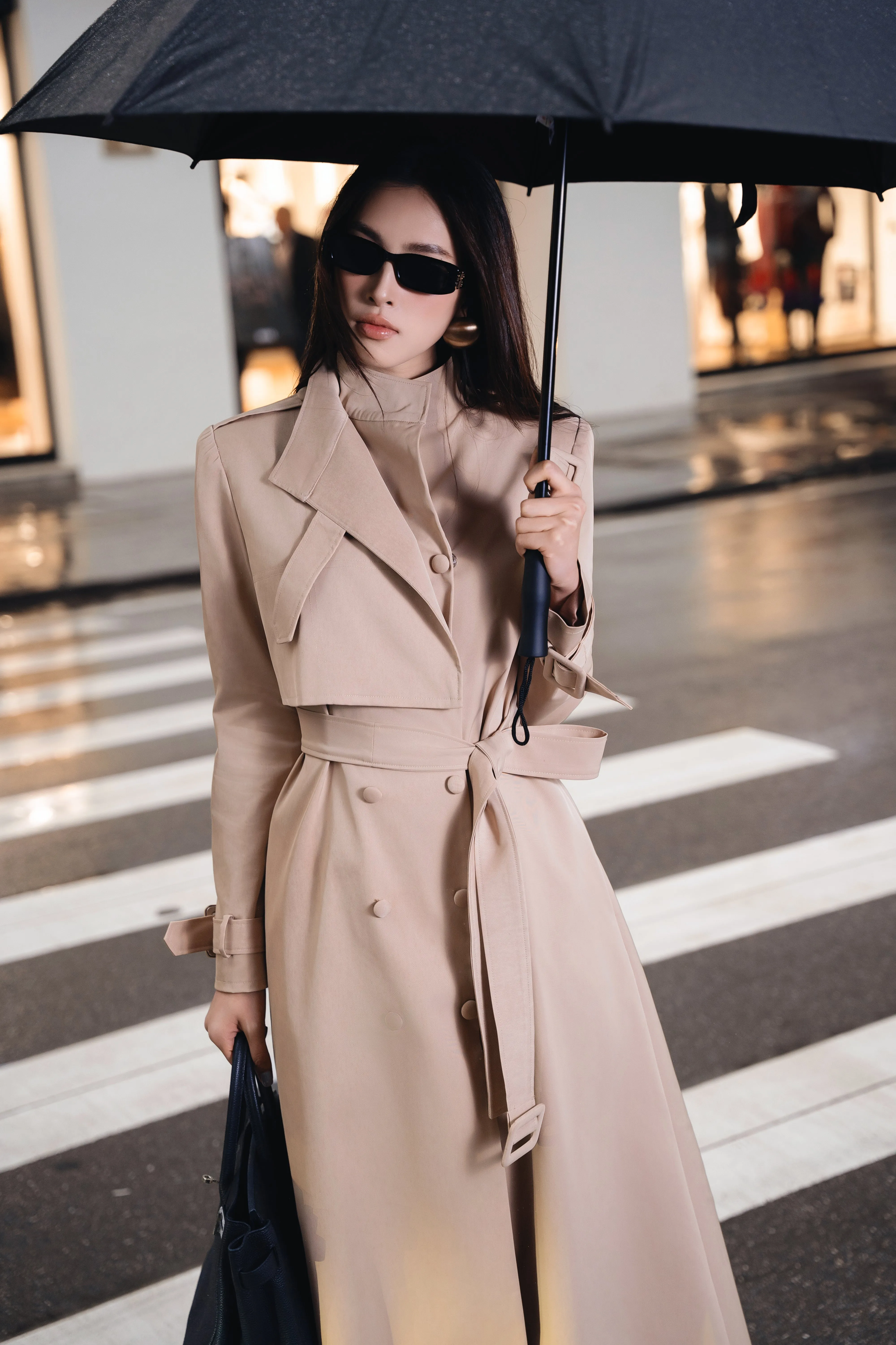 Dolyn Coat - Dolyn A-line Belt Strap Polyester Spandex Calf Length Trench Coat