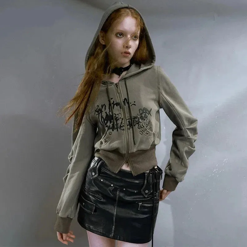 Fashionkova Grunge Aesthetics Hooded Coat Vintage Graffiti Print Cropped Jacket Wasteland Punk Knitted Outerwear American Retro Y2k