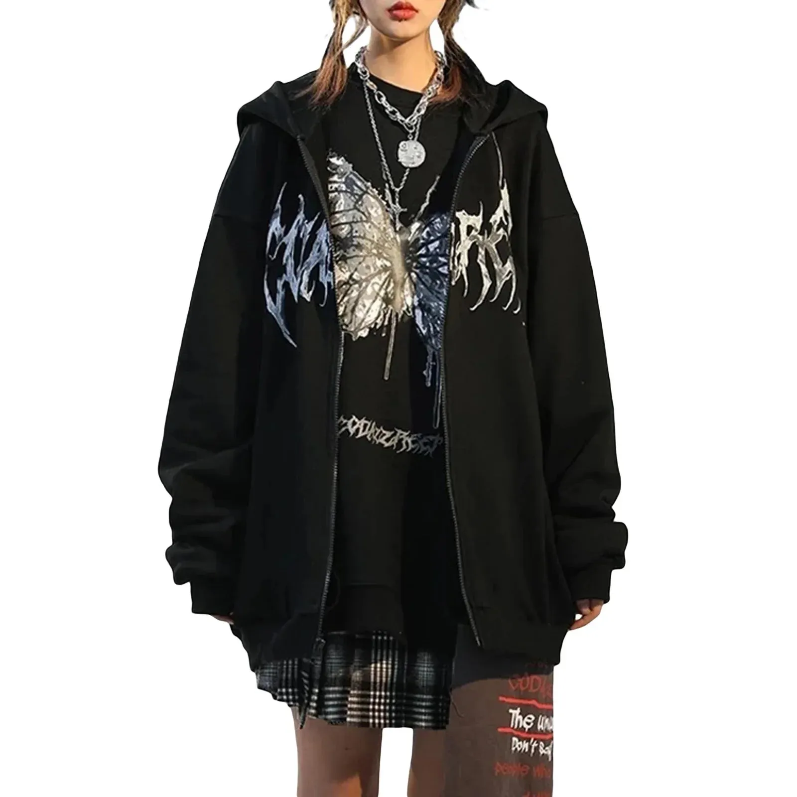 Fashionkova Harajuku E-girl Gothic Dark Academia Sweatshirts Grunge Punk Letter Wings Graphic Zip Up Hoodie Y2K Aesthetic Mall Goth Coat