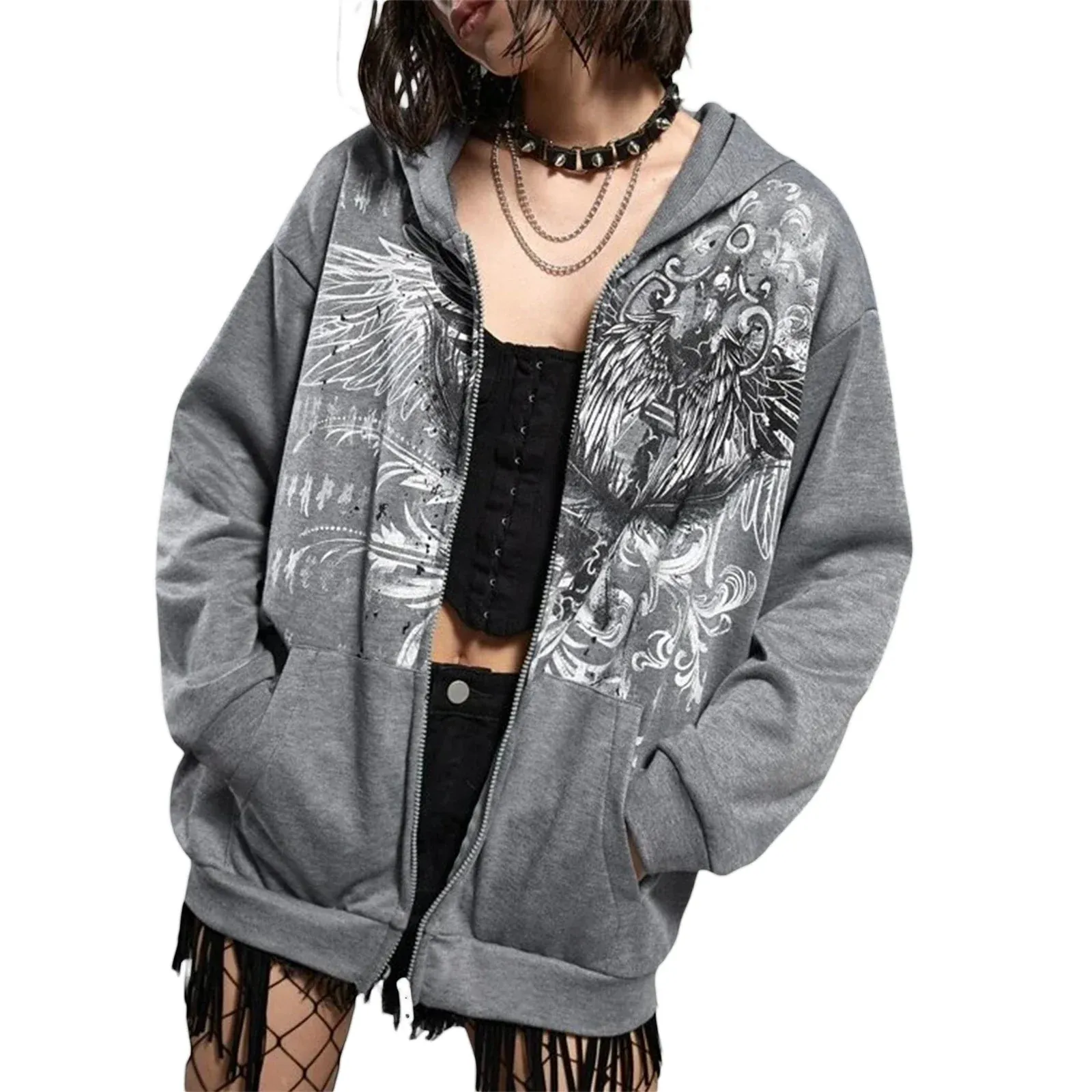 Fashionkova Harajuku E-girl Gothic Dark Academia Sweatshirts Grunge Punk Letter Wings Graphic Zip Up Hoodie Y2K Aesthetic Mall Goth Coat