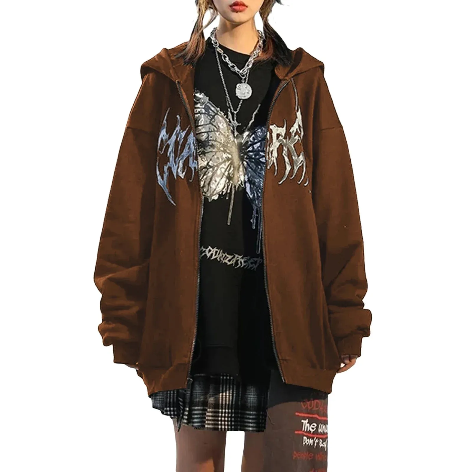 Fashionkova Harajuku E-girl Gothic Dark Academia Sweatshirts Grunge Punk Letter Wings Graphic Zip Up Hoodie Y2K Aesthetic Mall Goth Coat