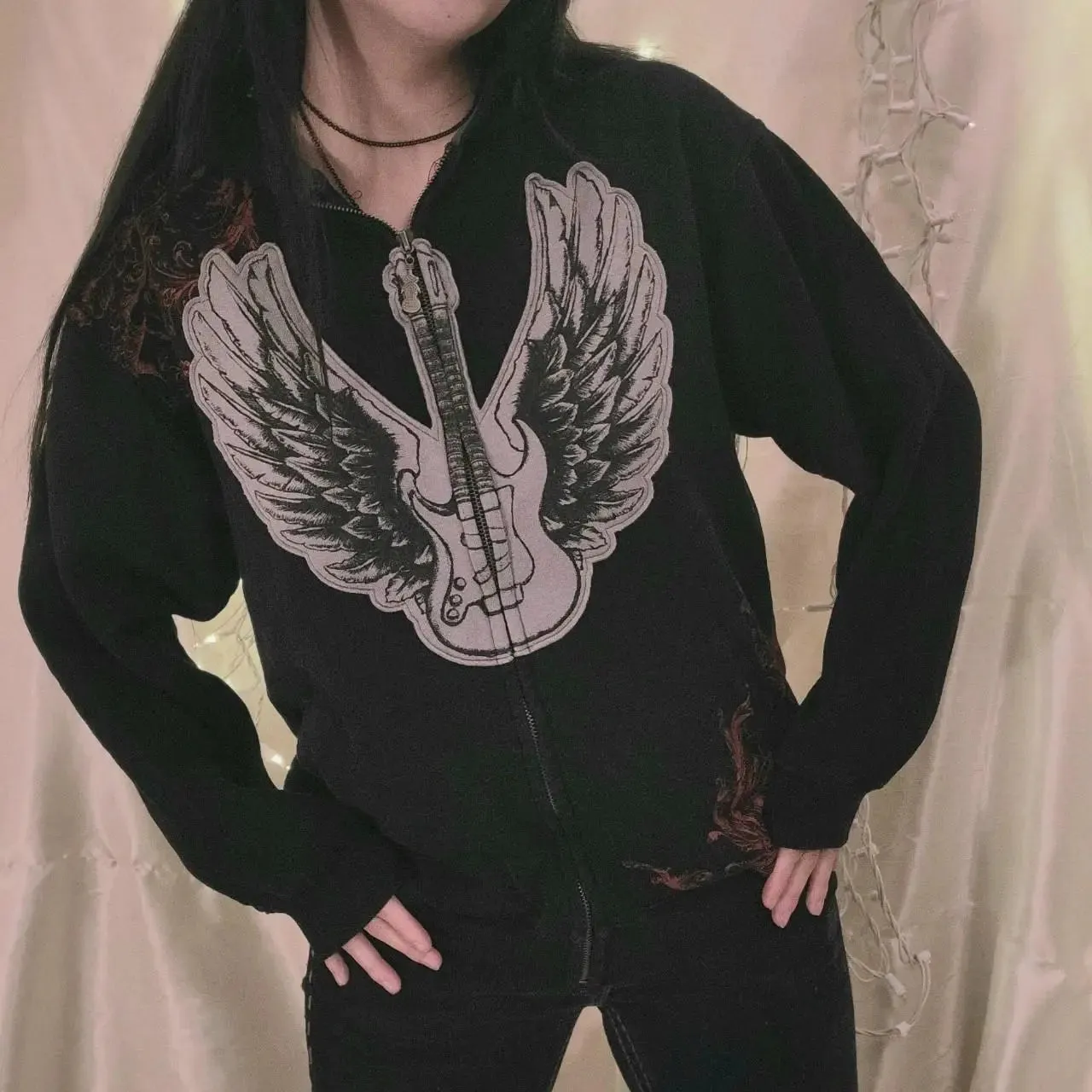 Fashionkova Harajuku E-girl Gothic Dark Academia Sweatshirts Grunge Punk Letter Wings Graphic Zip Up Hoodie Y2K Aesthetic Mall Goth Coat