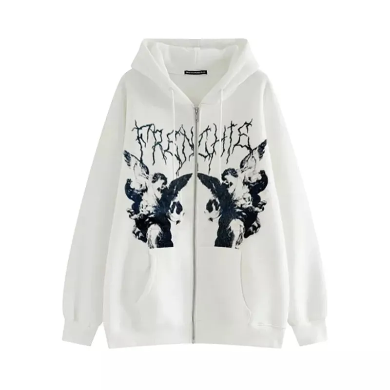 Fashionkova  Streetwear Hoodies Women Hip Hop Sweatshirt Angel Dark Print Jacket Coat Goth Harajuku Y2K Clothes Zip Up Hoodie Punk Outwear