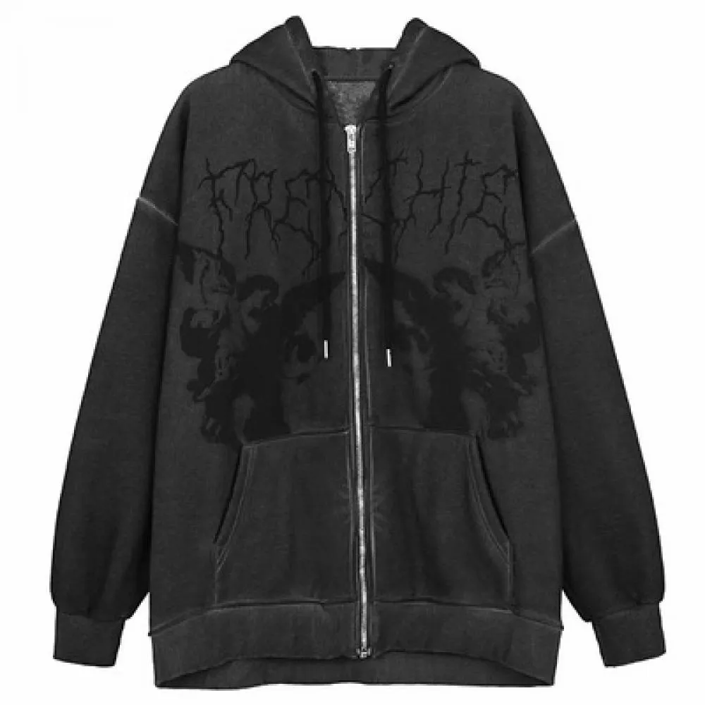 Fashionkova  Streetwear Hoodies Women Hip Hop Sweatshirt Angel Dark Print Jacket Coat Goth Harajuku Y2K Clothes Zip Up Hoodie Punk Outwear