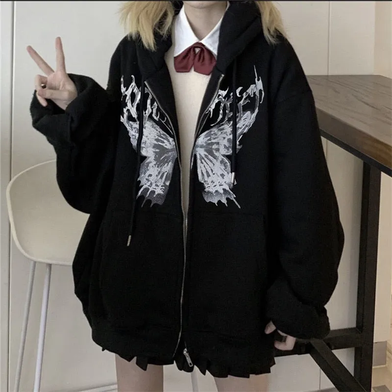 Fashionkova  Women Hip Hop Streetwear Hoodies 2022 Autumn Butterfly Print Oversized Hooded Coat Goth Harajuku Y2k Grunge Punk Zipper Jacket