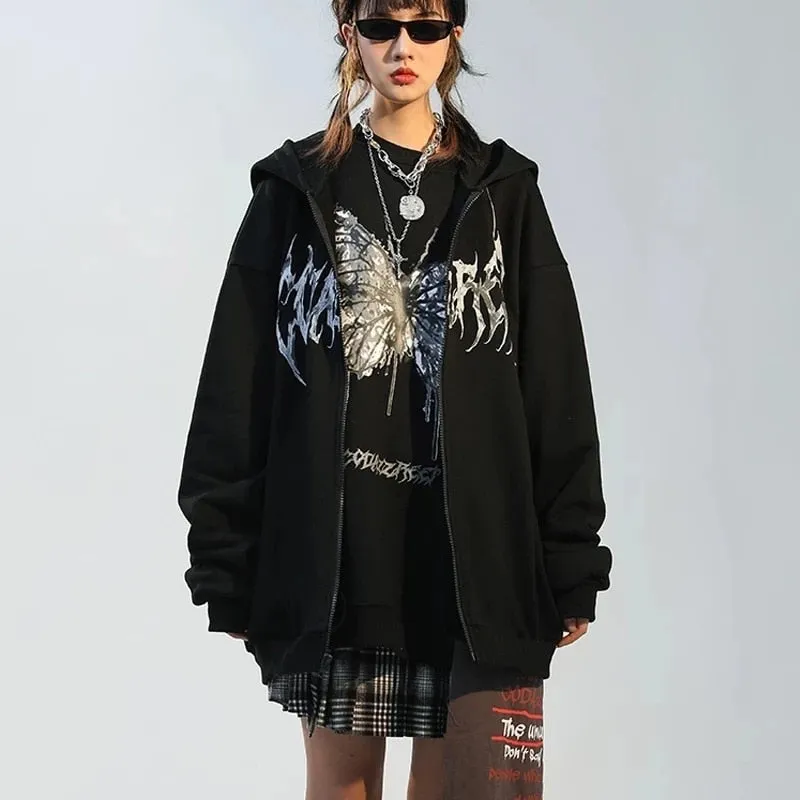 Fashionkova  Women Hip Hop Streetwear Hoodies 2022 Autumn Butterfly Print Oversized Hooded Coat Goth Harajuku Y2k Grunge Punk Zipper Jacket