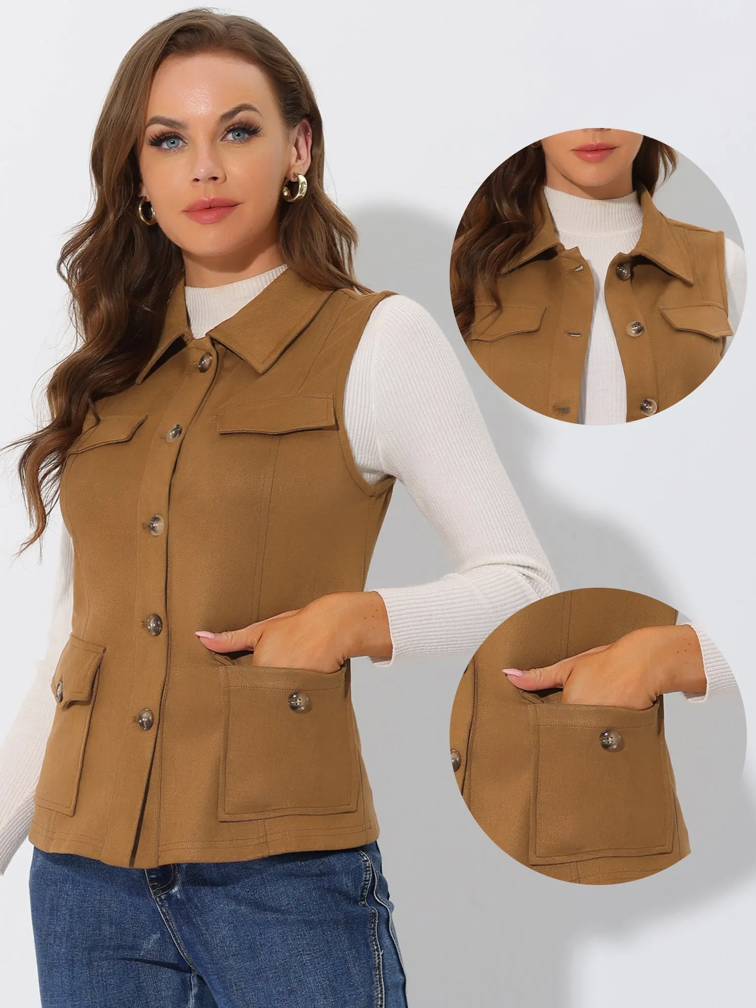 Faux Suede Vest Utility Buttoned Sleeveless Jacket with Cargo Pocket