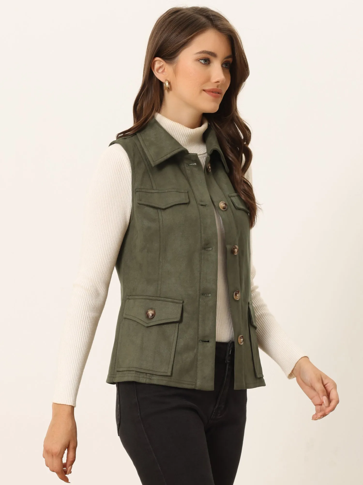 Faux Suede Vest Utility Buttoned Sleeveless Jacket with Cargo Pocket