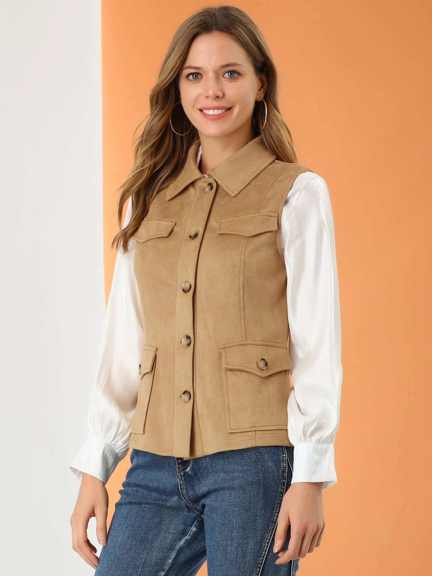 Faux Suede Vest Utility Buttoned Sleeveless Jacket with Cargo Pocket