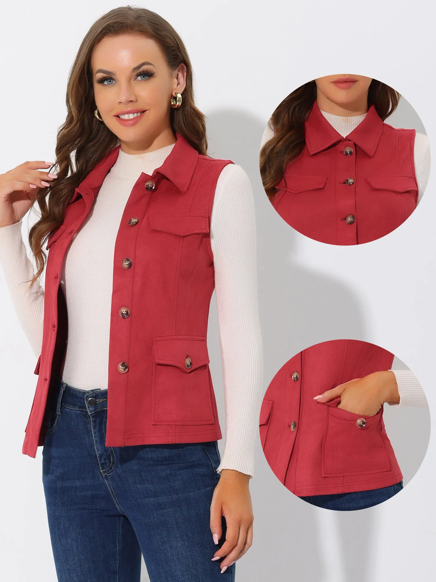 Faux Suede Vest Utility Buttoned Sleeveless Jacket with Cargo Pocket