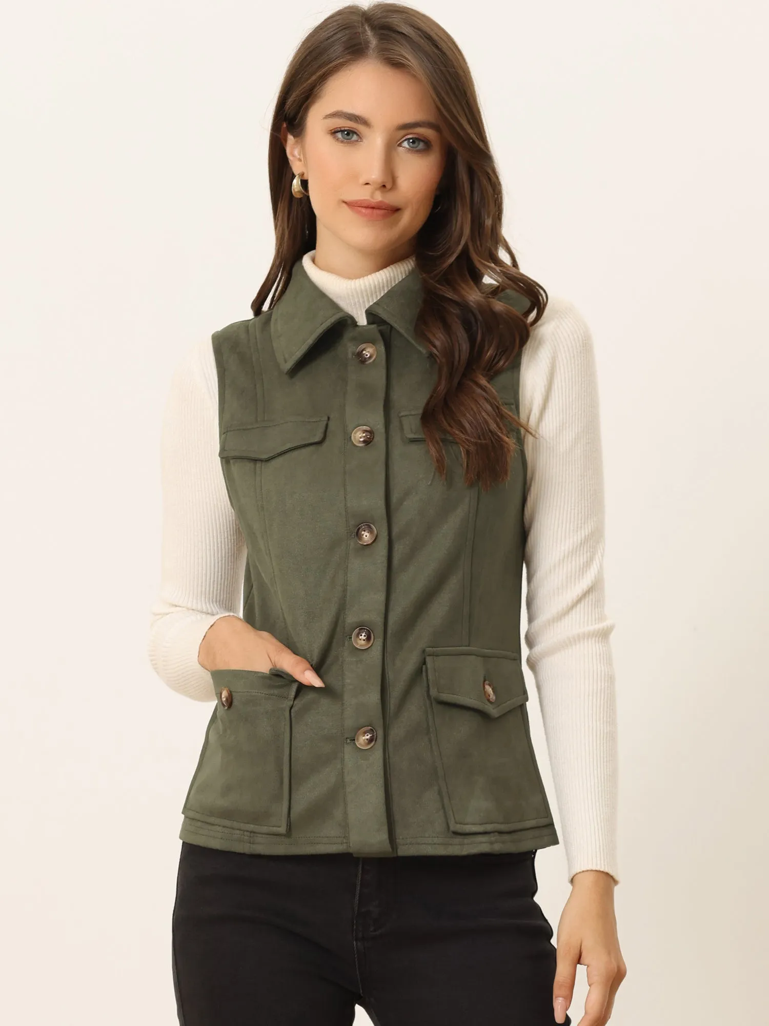 Faux Suede Vest Utility Buttoned Sleeveless Jacket with Cargo Pocket